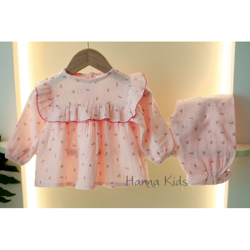Set Quần Áo Dài Tay Bé Gái Chất Xô Muslin Hàn Cao Cấp Dáng Cánh Tiên Liena’s Closet DT02