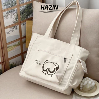 Túi vải tote, túi đeo vai túi vải canvas có khóa miệng phong cách Hàn Quốc hình hoạ tiết dễ thương