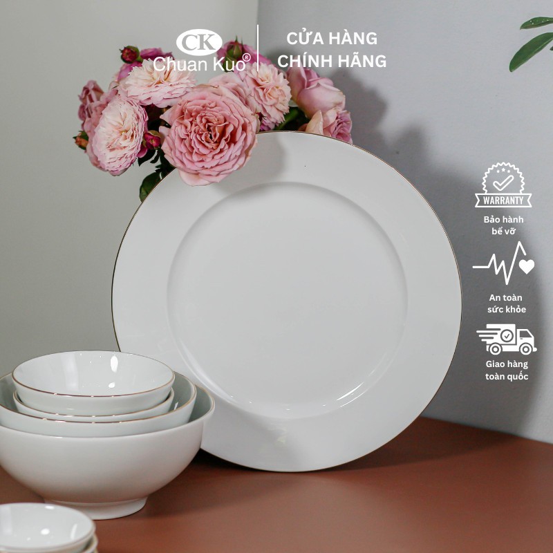 Đĩa sứ cạn viền vàng 12K sang trọng 16 20 26cm - Đĩa sứ cạn CK dùng cho nhà hàng cao cấp - Vỡ 1 đổi 1