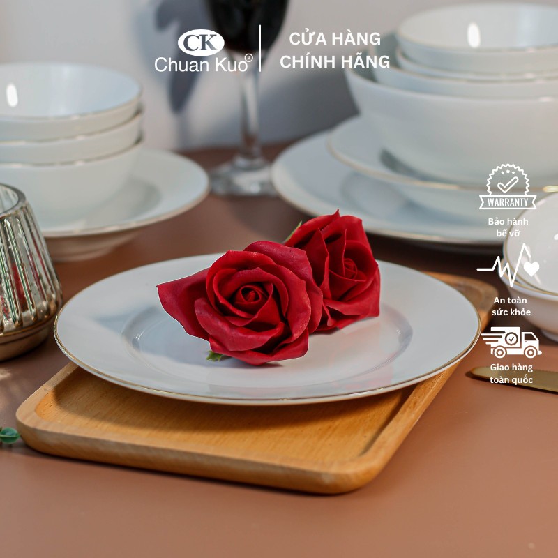 Đĩa sứ cạn viền vàng 12K sang trọng 16 20 26cm - Đĩa sứ cạn CK dùng cho nhà hàng cao cấp - Vỡ 1 đổi 1