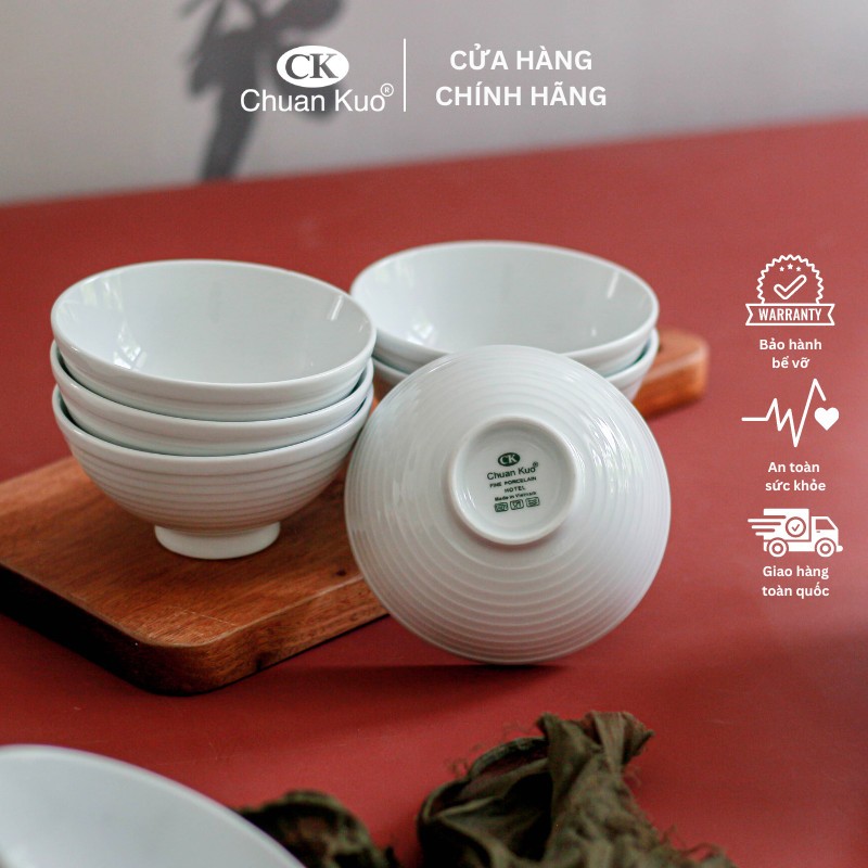 Bộ 6 và 10 bát cơm sứ trắng vân xoáy cách điệu 11cm - Set chén cơm sứ thương hiệu CK cho nhà hàng, khách sạn
