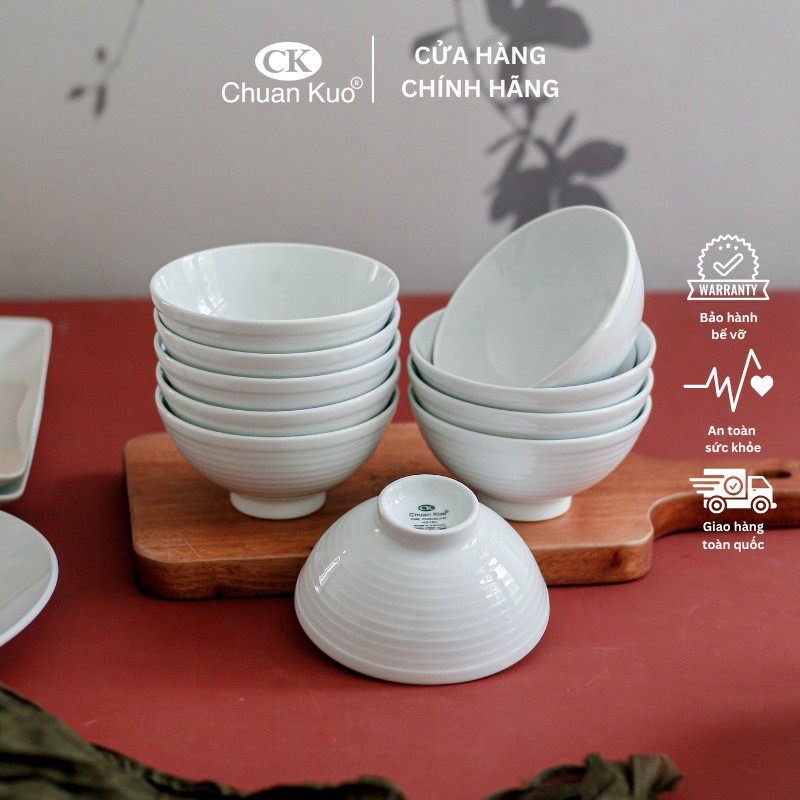 Bộ 6 và 10 bát cơm sứ trắng vân xoáy cách điệu 11cm - Set chén cơm sứ thương hiệu CK cho nhà hàng, khách sạn