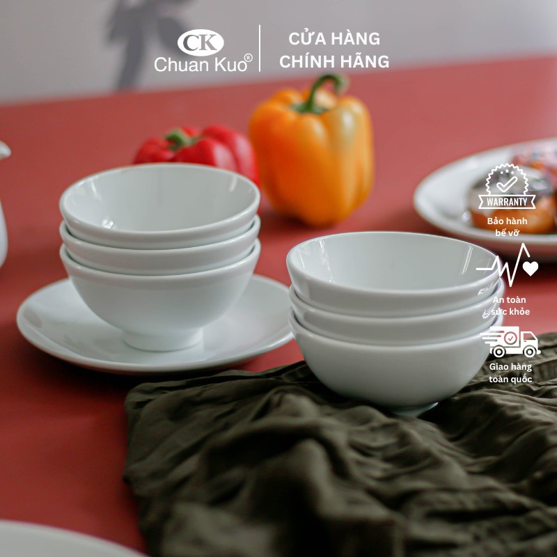 Bộ 6 và 10 bát cơm sứ trắng trơn thương hiệu CK 11cm - Set chén cơm sứ cao cấp cho nhà hàng, khách sạn