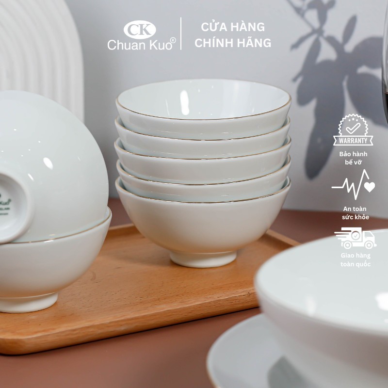 Bát cơm sứ viền vàng 12k thương hiệu CK 11.5cm - Chén cơm sứ trắng viền vàng cao cấp cho nhà hàng, khách sạn