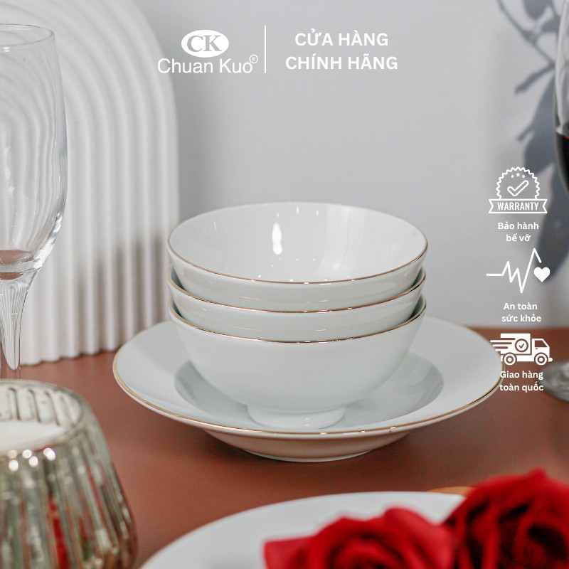 Bát cơm sứ viền vàng 12k thương hiệu CK 11.5cm - Chén cơm sứ trắng viền vàng cao cấp cho nhà hàng, khách sạn