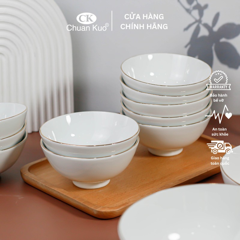 Bộ 6 và 10 bát cơm sứ viền vàng 12k thương hiệu CK - Set chén cơm sứ trắng viền vàng cao cấp cho nhà hàng, khách sạn