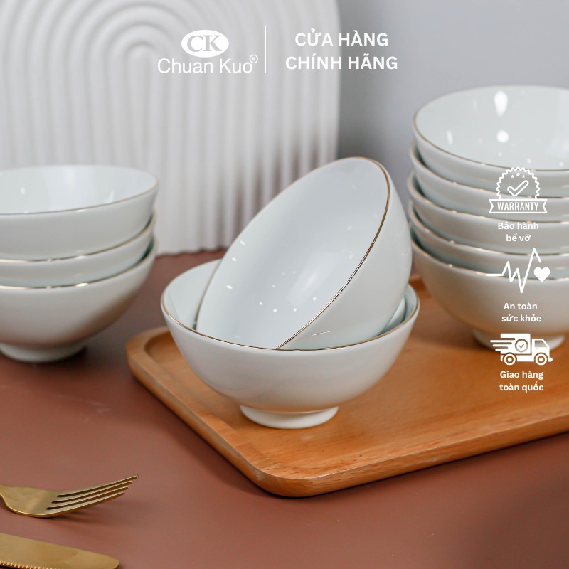 Bộ 6 và 10 bát cơm sứ viền vàng 12k thương hiệu CK - Set chén cơm sứ trắng viền vàng cao cấp cho nhà hàng, khách sạn