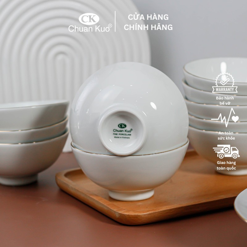 Bộ 6 và 10 bát cơm sứ viền vàng 12k thương hiệu CK - Set chén cơm sứ trắng viền vàng cao cấp cho nhà hàng, khách sạn