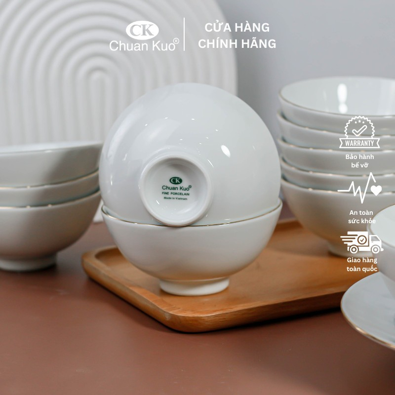 Bộ 6 và 10 bát cơm sứ viền vàng 12k thương hiệu CK - Set chén cơm sứ trắng viền vàng cao cấp cho nhà hàng, khách sạn
