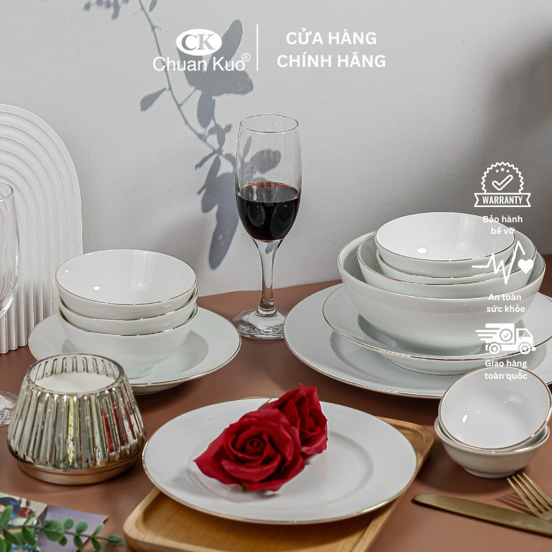 Bộ 6 và 10 bát cơm sứ viền vàng 12k thương hiệu CK - Set chén cơm sứ trắng viền vàng cao cấp cho nhà hàng, khách sạn