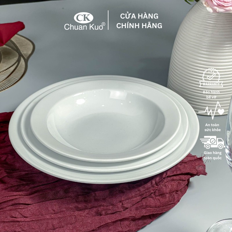 Đĩa sâu lòng trắng trơn thương hiệu CK nhiều size 18 20 22cm - Dĩa sứ cao cấp ăn súp, salad cho nhà hàng, khách sạn