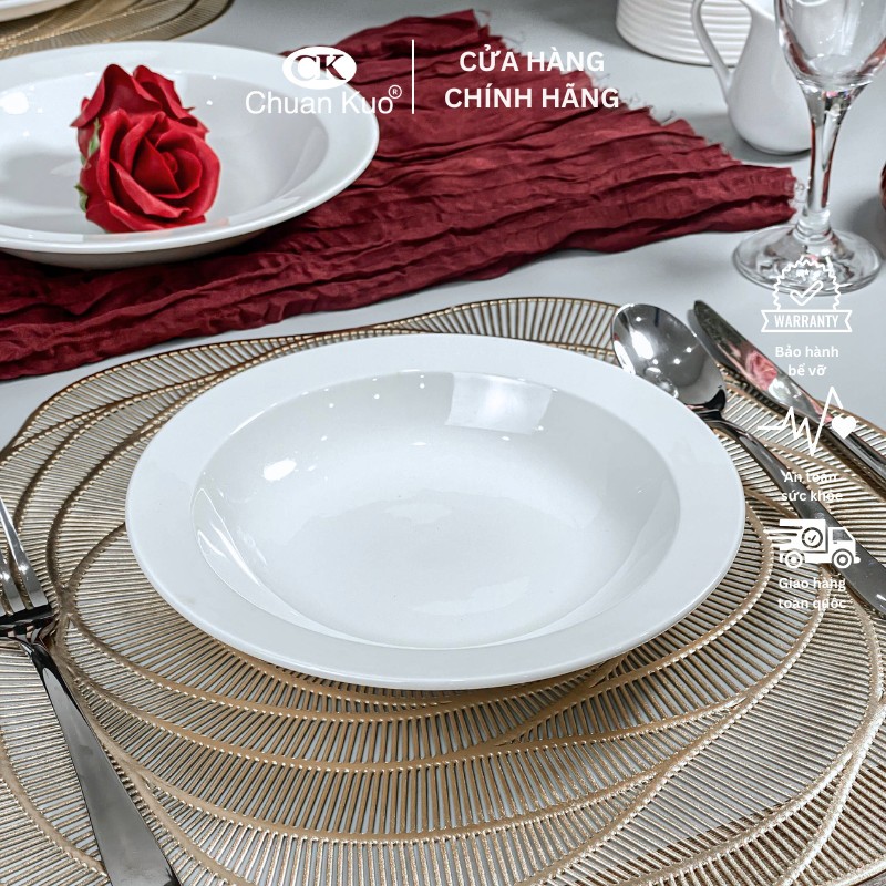 Đĩa sâu lòng trắng trơn thương hiệu CK nhiều size 18 20 22cm - Dĩa sứ cao cấp ăn súp, salad cho nhà hàng, khách sạn