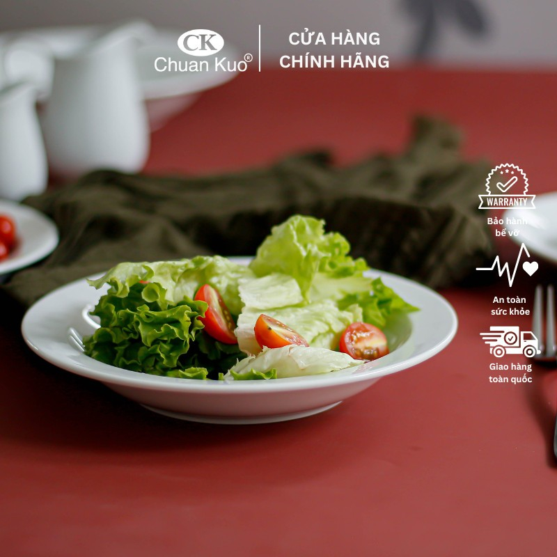 Đĩa sâu lòng trắng trơn thương hiệu CK nhiều size 18 20 22cm - Dĩa sứ cao cấp ăn súp, salad cho nhà hàng, khách sạn