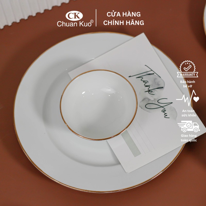 Chén đựng nước tương, muối, nước chấm,... viền vàng cao cấp 8.5cm thương hiệu CK cho nhà hàng, khách sạn