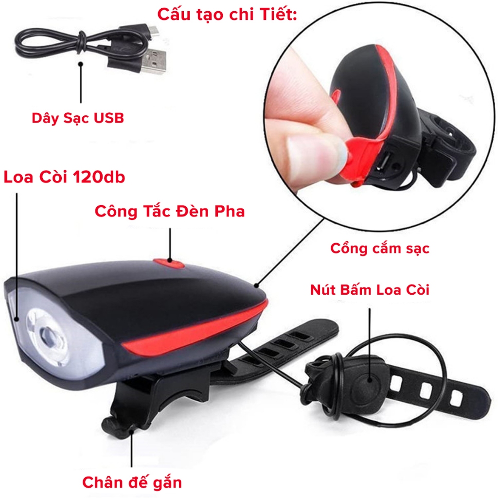 Ảnh Combo Đèn Xe Đạp Thể Thao Siêu Sáng Có Còi Pin Sạc Chống Nước + Đèn Chiếu Hậu Cảnh Báo H02 TẶNG 2 ĐÈN GẮN VAN XE Amalife 2