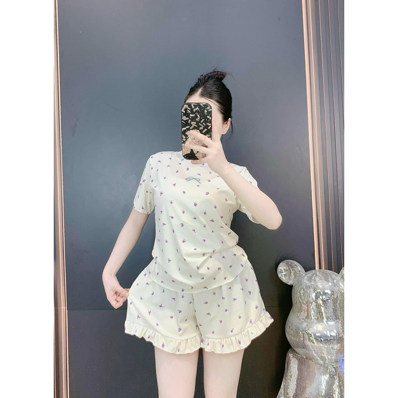 SET BỘ ĐÙI MẶC NHÀ TĂM LẠNH hoa nhí - chấm bi đính nơ viền bèo