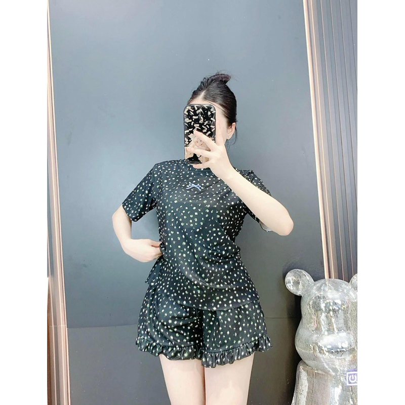 SET BỘ ĐÙI MẶC NHÀ TĂM LẠNH hoa nhí - chấm bi đính nơ viền bèo