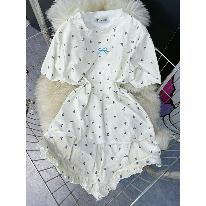 SET BỘ ĐÙI MẶC NHÀ TĂM LẠNH hoa nhí - chấm bi đính nơ viền bèo