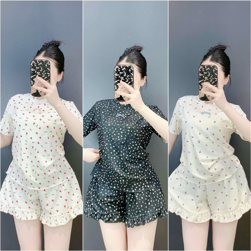 SET BỘ ĐÙI MẶC NHÀ TĂM LẠNH hoa nhí - chấm bi đính nơ viền bèo