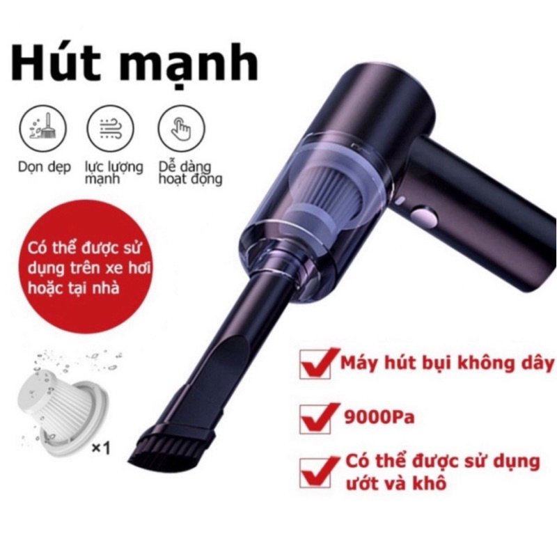 Máy hút bụi cầm tay mini không dây lực hút cực mạnh, hút bụi xe ô tô, giường nệm lông chó mèo đa chức năng