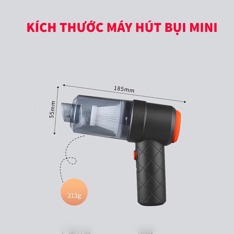 Máy hút bụi cầm tay mini không dây lực hút cực mạnh, hút bụi xe ô tô, giường nệm lông chó mèo đa chức năng