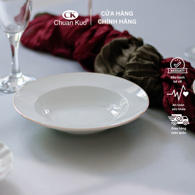 Đĩa sứ sâu lòng viền vàng 12K sang trọng 17 20cm - Đĩa sứ sâu CK dùng cho nhà hàng cao cấp - Vỡ 1 đổi 1