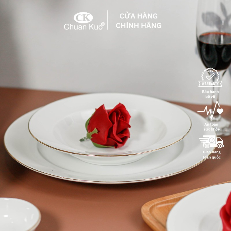Đĩa sứ sâu lòng viền vàng 12K sang trọng 17 20cm - Đĩa sứ sâu CK dùng cho nhà hàng cao cấp - Vỡ 1 đổi 1