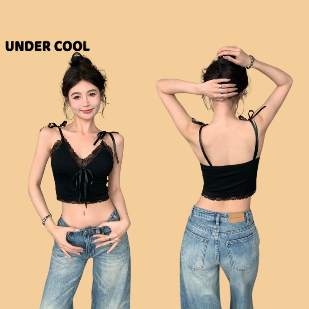 Áo 2 Dây Buộc Viền Ren UNDERCOOL Áo ba lỗ Thời trang hàn quốc nhí nhảnh Áo 2 dây kiểu bra ren dây buộc nơ AB32