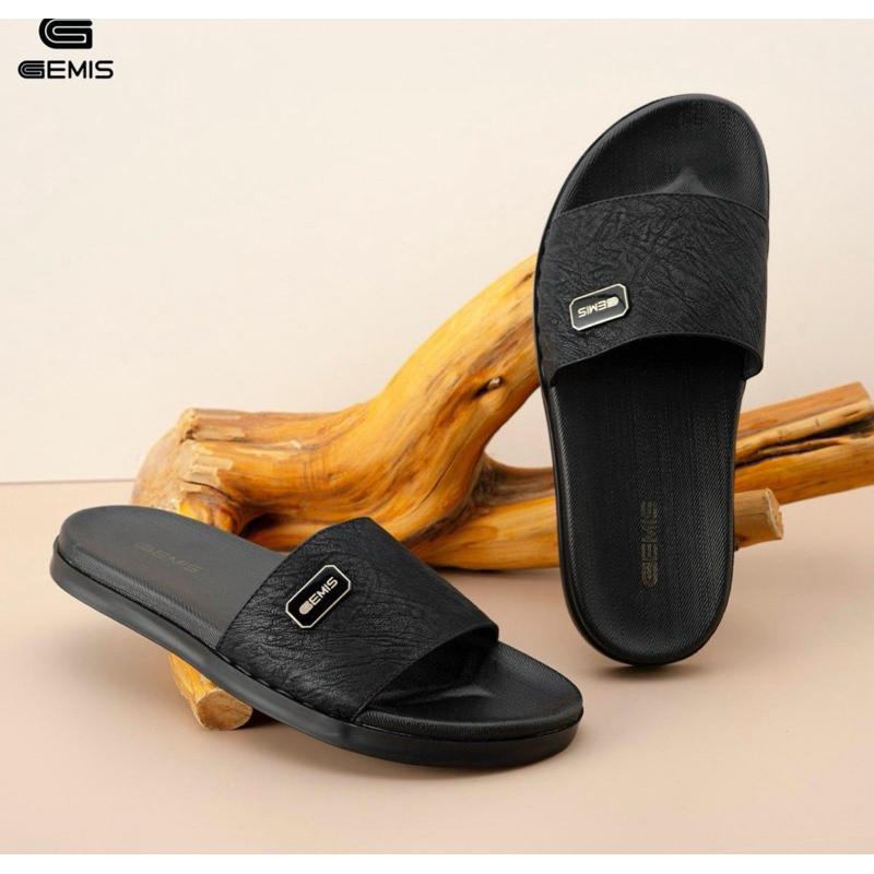 Ảnh DéP Nam GEMIS quai ngang dép da màu đen khâu quai cao 2.5cm Slipper Đế Bằng Cao Su 2