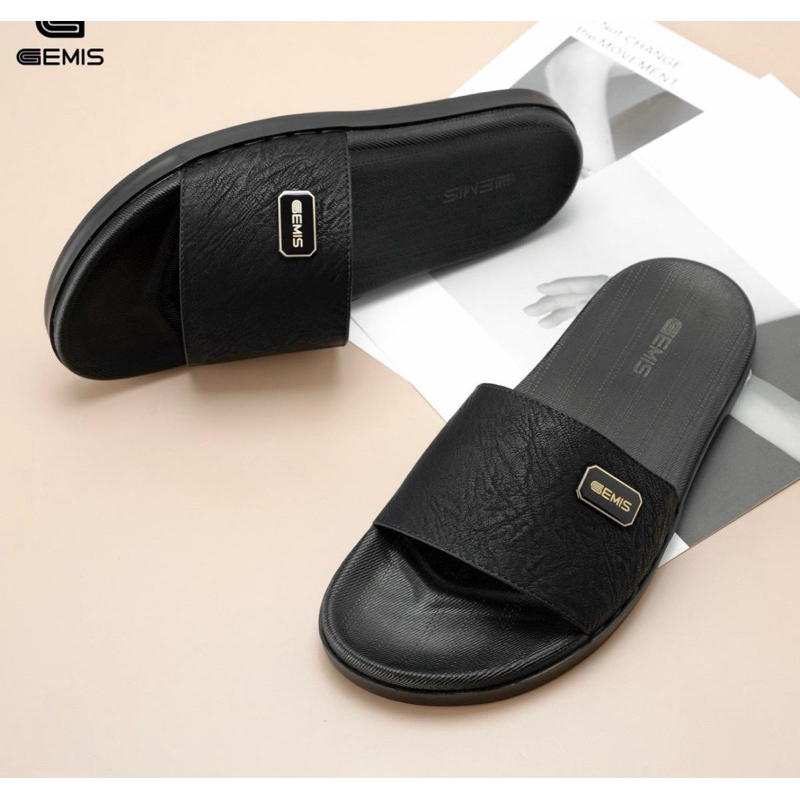 Ảnh DéP Nam GEMIS quai ngang dép da màu đen khâu quai cao 2.5cm Slipper Đế Bằng Cao Su 3