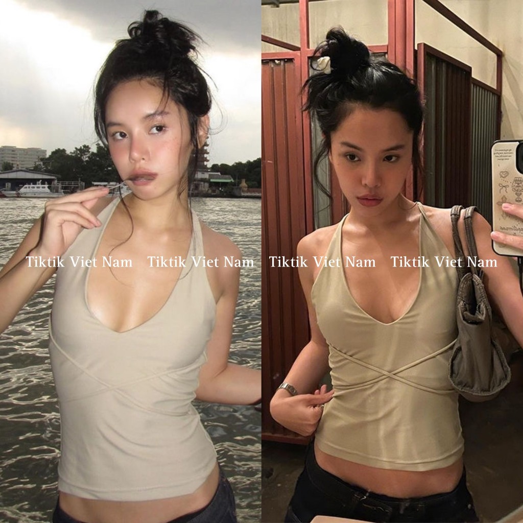 (SẴN)Áo yếm màu xanh be trơn cổ V cách điệu dây đan chéo phía trước phong cách cá tính sexy ASN006 - Tiktik