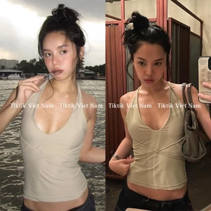 Áo yếm màu xanh be trơn cổ V cách điệu dây đan chéo phía trước phong cách cá tính sexy ASN006 - Tiktik