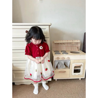 Váy dự tiệc bé gái màu đỏ thêu quả dâu Đầm bé gái sinh nhật mẫu mới D963