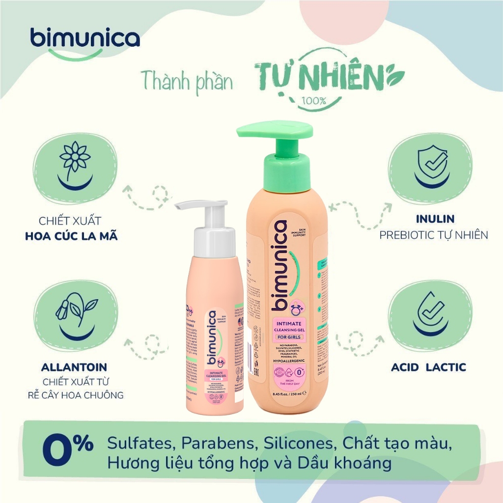 Dung Dịch Vệ Sinh Bé Gái Bé Trai Bimunica Từ 0 Tháng Tuổi – 250 ml