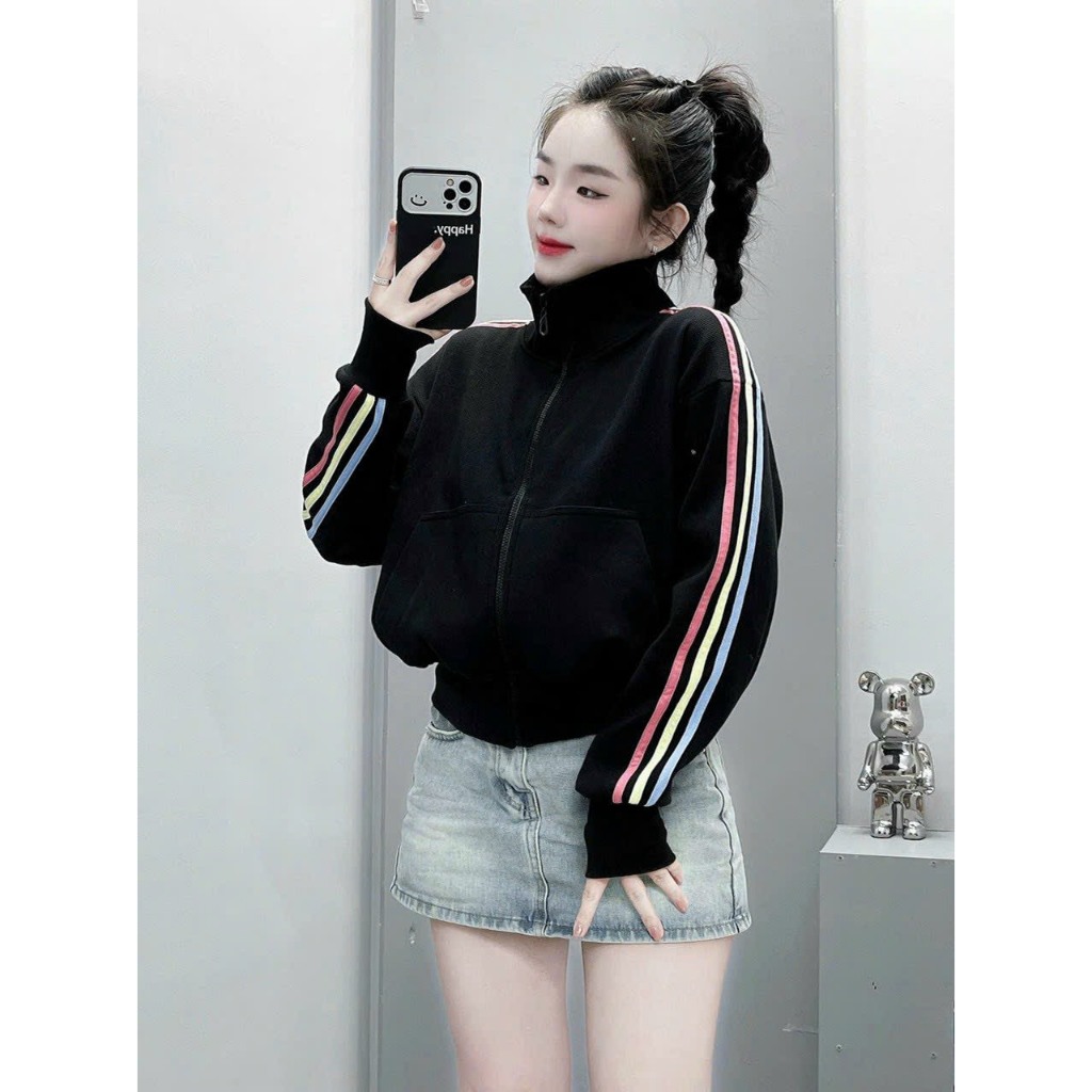 Áo Khoác Nỉ CỔ CAO Tay Phối 3 Màu Cầu Vòng Cực HOTTREND (Tay Xỏ Ngón)