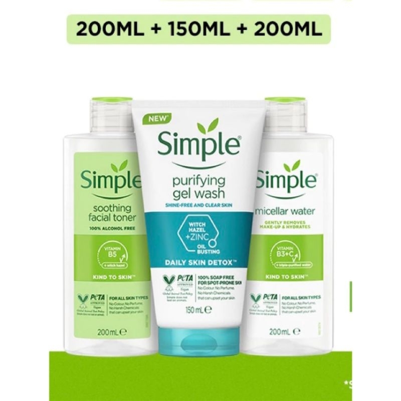 Combo Simple nước tẩy trang 200ml, sữa rửa mặt 150ml và nước hoa hồng 200ml