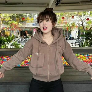 Áo Khoác Nỉ Form Lửng Túi Hộp Nữ NÓN Thêu Chữ R Thời Trang Nữ Mới Chống Nắng Tốt