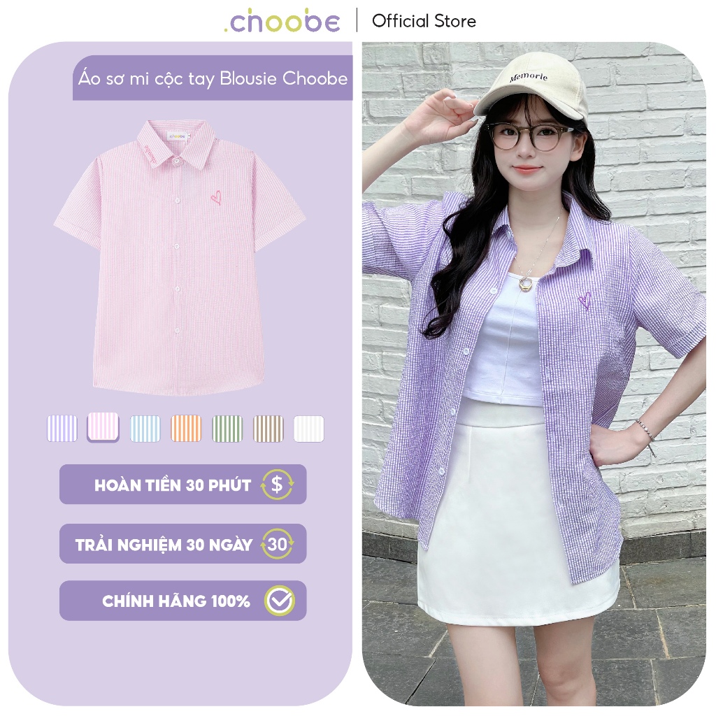 Ảnh Áo sơ mi nữ Blousie Choobe kẻ sọc oversize cộc tay form suông rộng khoác ngoài Hàn Quốc ASM03 1