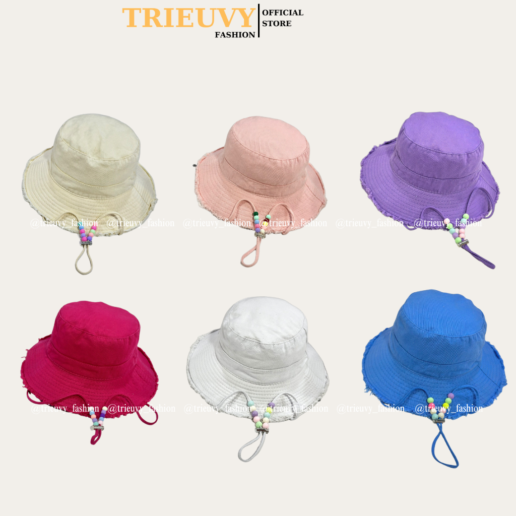 Nón bucket tua rua viền rách trơn gắn hạt màu, mũ chống nắng tai bèo ...