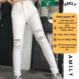 Quần Jean Trắng Nữ AMILY màu đen lưng cao rách gối co giãn dáng skinny có BIGSIZE tới 70kg