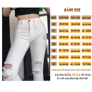Quần Jean Trắng Nữ AMILY màu đen lưng cao rách gối co giãn dáng skinny có BIGSIZE tới 70kg