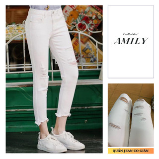 Quần jean nữ đen AMILY màu trắng rách skinny lưng cao co giãn có BIGSIZE