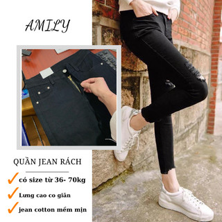 Quần jean nữ đen AMILY màu trắng rách skinny lưng cao co giãn có BIGSIZE