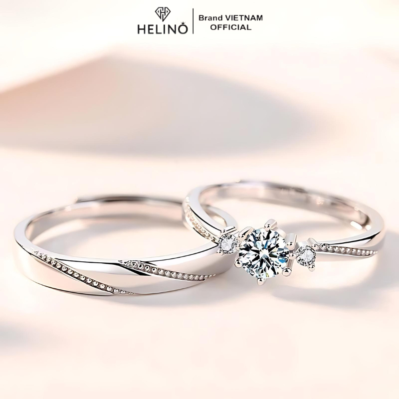 Ảnh Nhẫn đôi bạc nam nữ S925 HELINO Love at first sight đính đá cao cấp, tự chỉnh size ND01 4
