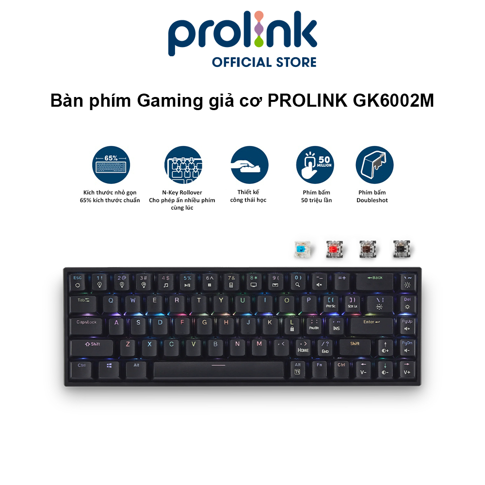Bàn phím cơ PROLiNK GK6002M (Blue Switch), LED RGB 16 triệu màu, Full N ...