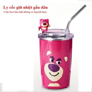 Cốc giữ nhiệt inox gấu dâu Lotso kèm ống hút,Cốc  giữ nhiệt siêu cưng mẫu mới