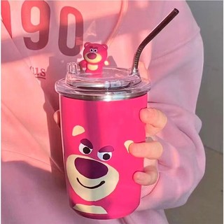 Cốc giữ nhiệt inox gấu dâu Lotso kèm ống hút,Cốc  giữ nhiệt siêu cưng mẫu mới