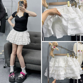 Chân váy trắng đen coquette bèo ren tầng xòe ngắn phồng chất đũi lưng chun có quần bảo hộ CV030