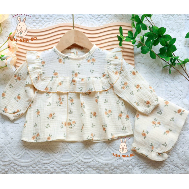 Bộ quần áo dài tay thu đông cho bé trai bé gái,DT cổ tròn cho bé mặc nhà vải xô muslin cho bé từ 5-15kg TNB