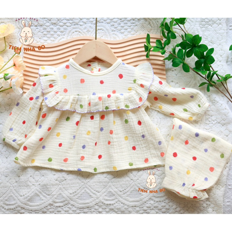 Bộ quần áo dài tay thu đông cho bé trai bé gái,DT cổ tròn cho bé mặc nhà vải xô muslin cho bé từ 5-15kg TNB